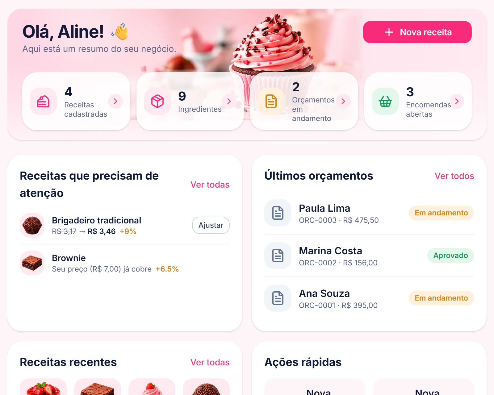 Painel do Doceli com as receitas, orçamentos e encomendas do negócio